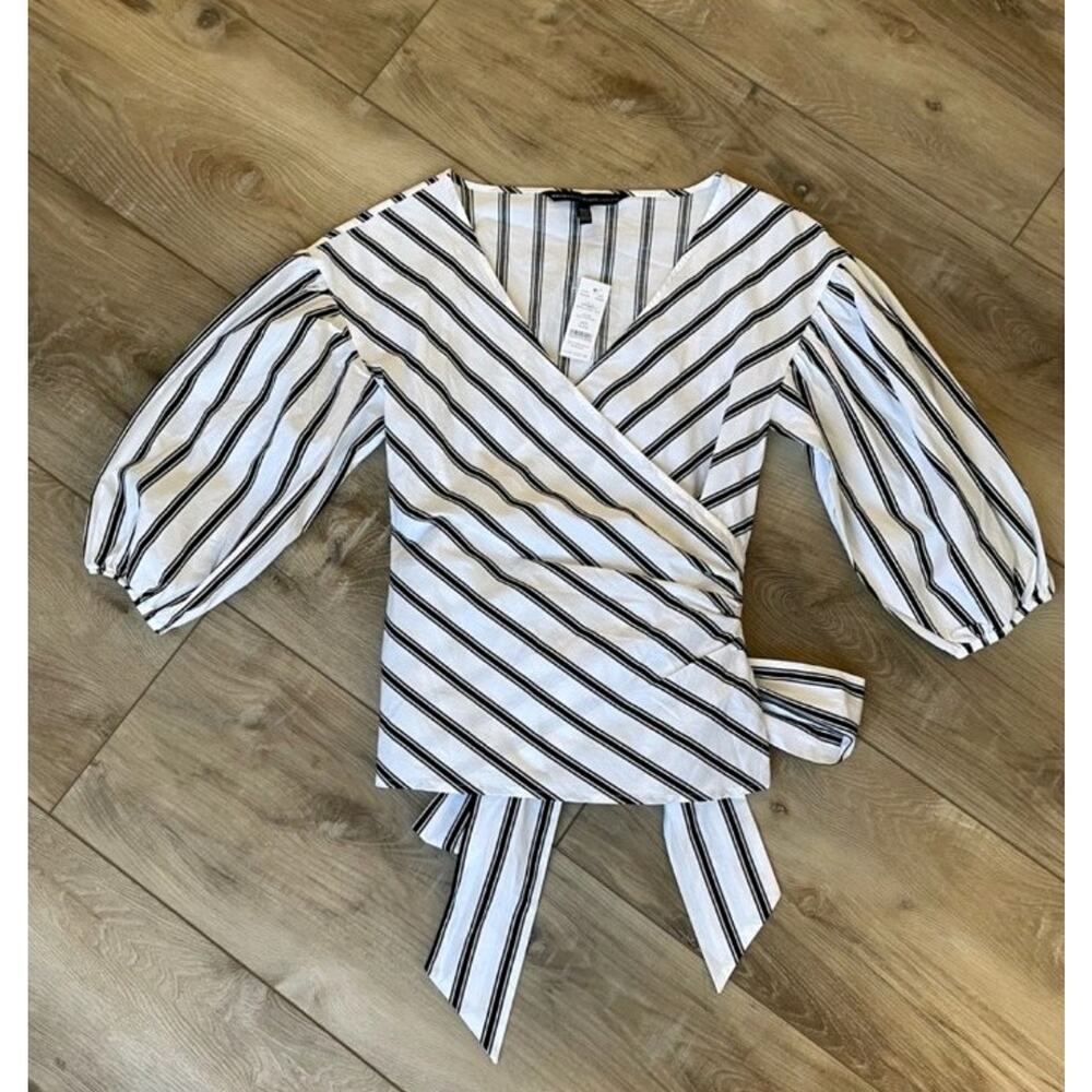 White House Black Market White Black Striped Poplin Wrap Top Blouse XXS Nwt